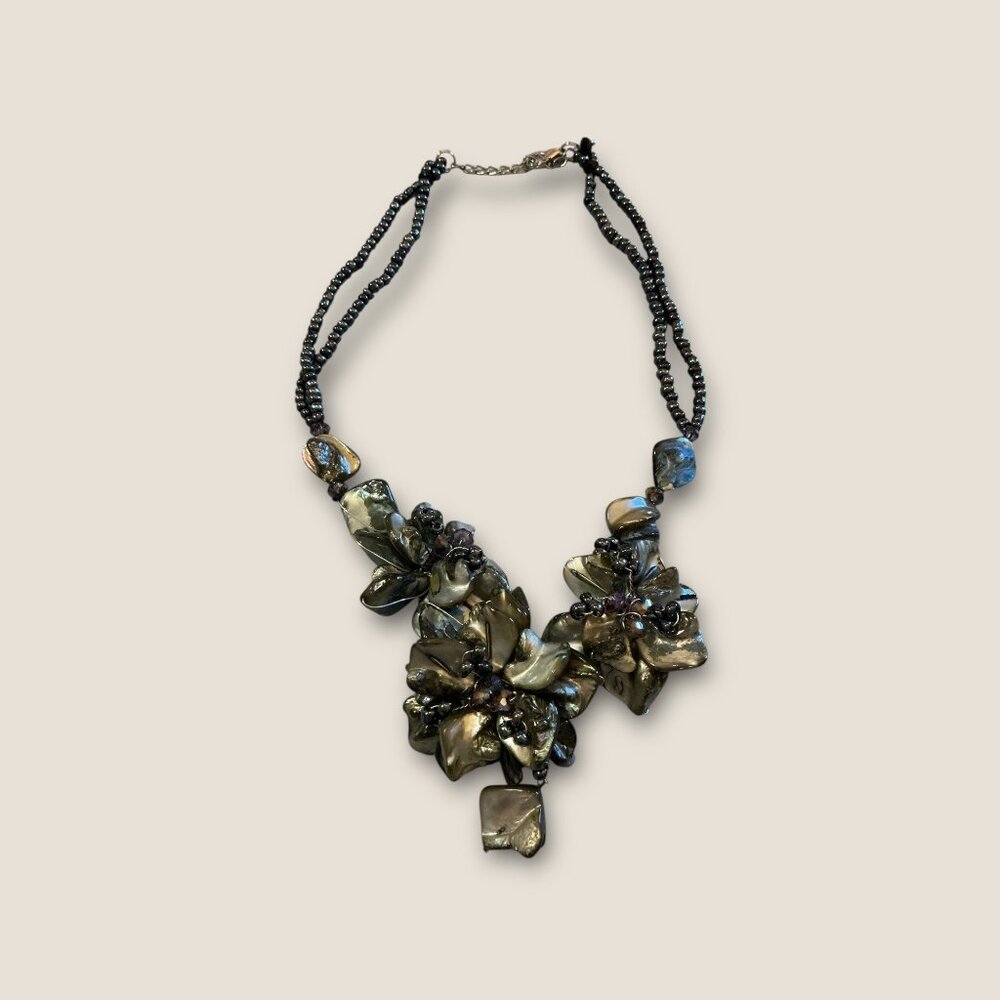 Vintage  Black Beaded Mother Of Pearl Statement Necklace Floral Design Adjustabl